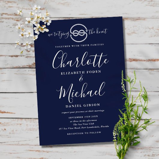 Nautical Tying The Knot Navy Blue Script Hochzeit Einladung