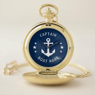 Nautical Vintag Anchor Captain Boat Name Navy Mari Taschenuhr