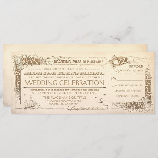 Nautical Vintage Wedding Einladung Boarding Pass (Vorne/Hinten)
