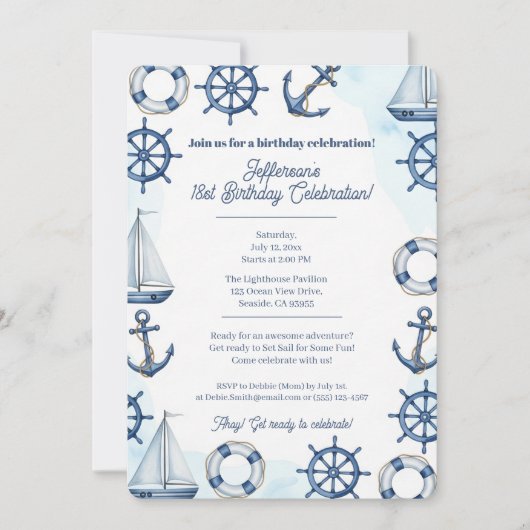 Nautical Watercolor Anchor Wheel Border Einladung (Vorderseite)