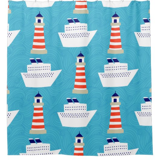 Nautical Waves: Lighthouse Cruiser Muster. Duschvorhang (Vorderseite)