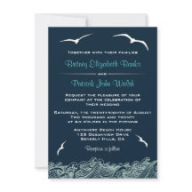 Nautical Waves & Seagulls Navy Hochzeitseinladunge