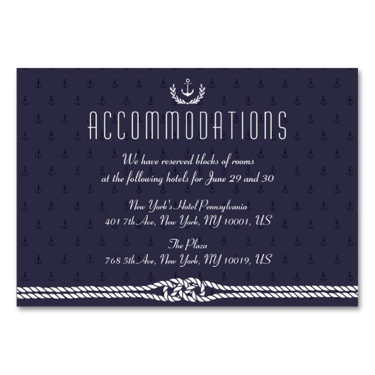Nautical Wedding Accommodation Card Blue Anker Tischnummer (Vorderseite)