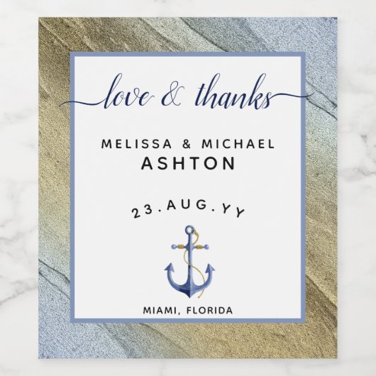 Nautical Wedding Anchor Blue & Gold Weinetikett (Einzelnes Label)