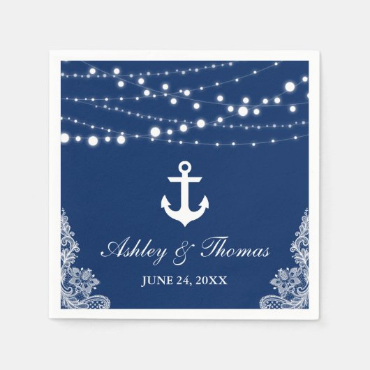 Nautical Wedding Anchor Lights & Lace Navy Blue Serviette (Vorderseite)