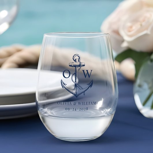 Nautical Wedding Anchor Monogram Weinglas Ohne Stiel