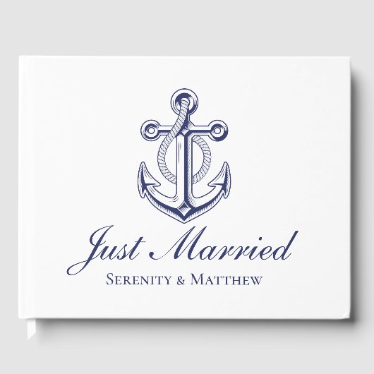 Nautical Wedding Anchor Navy Blue Just Married Gästebuch (Vorderseite)