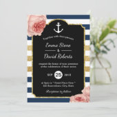 Nautical Wedding Anchor Navy & Gold Streifen Flora Einladung (Stehend Vorderseite)