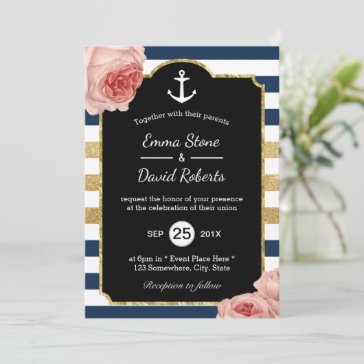 Nautical Wedding Anchor Navy & Gold Streifen Flora Einladung (Stehend Vorderseite)