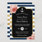 Nautical Wedding Anchor Navy & Gold Streifen Flora Einladung (Vorne/Hinten)