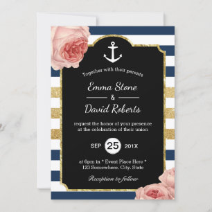 Nautical Wedding Anchor Navy & Gold Streifen Flora Einladung