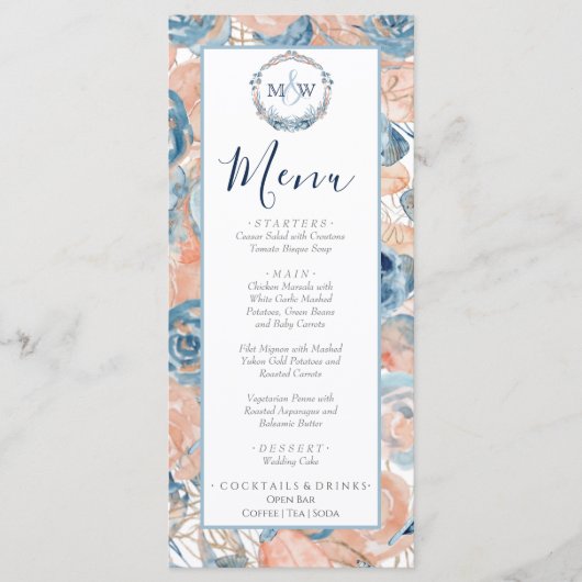 Nautical Wedding Beach Seashell Blume Menükarte (Vorderseite)