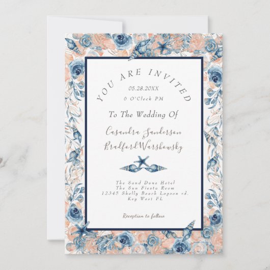 Nautical Wedding Beach Seashell Blume Rose Einladung (Vorderseite)