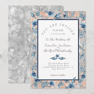 Nautical Wedding Beach Seashell Blume Rose Grau Einladung