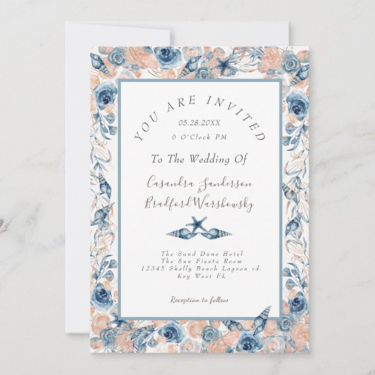 Nautical Wedding Beach Seashell Blume Rose Wed Einladung (Vorderseite)