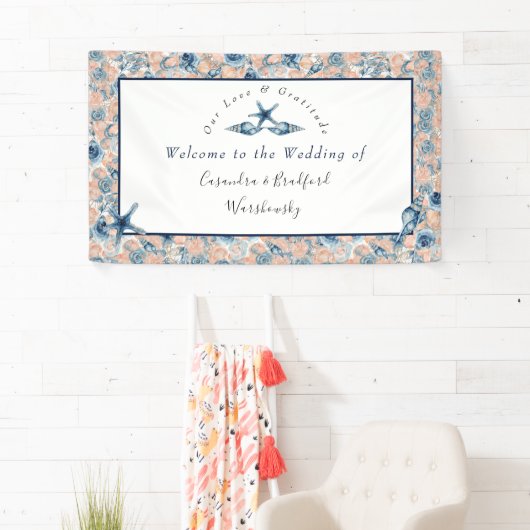 Nautical Wedding Beach Seashell Rose Flitterwochen Banner (Insitu)