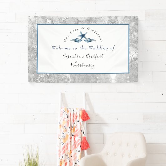 Nautical Wedding Beach Seashell Rose Grau Blue Banner (Insitu)
