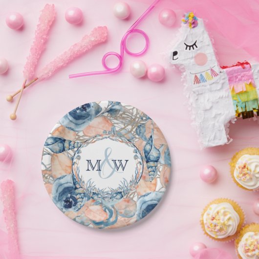 Nautical Wedding Beach Seashell und Rose, Pappteller (Party)