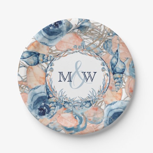 Nautical Wedding Beach Seashell und Rose, Pappteller (Vorderseite)