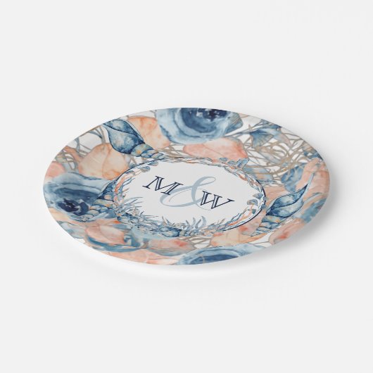 Nautical Wedding Beach Seashell und Rose, Pappteller (Schrägansicht)