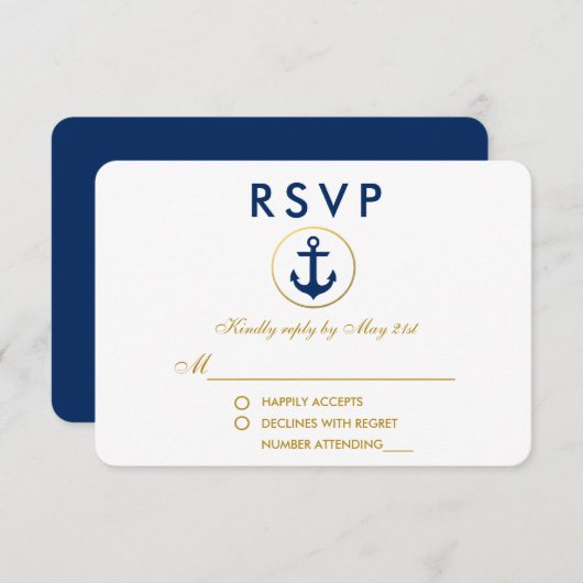 Nautical Wedding Blue Anchor Gold UAWG RSVP Karte (Vorne/Hinten)