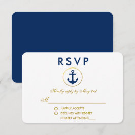 Nautical Wedding Blue Anchor Gold UAWG RSVP Karte