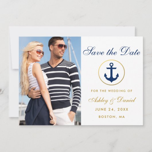 Nautical Wedding Blue Gold Save the Date Foto W (Vorderseite)