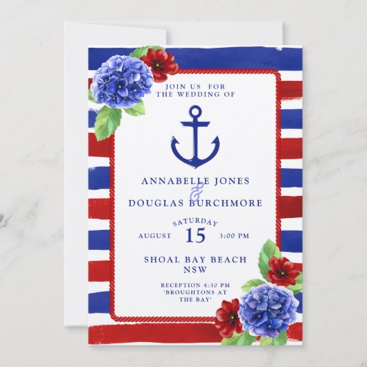 Nautical Wedding Blue Red Floral Watercolor Einladung (Vorderseite)
