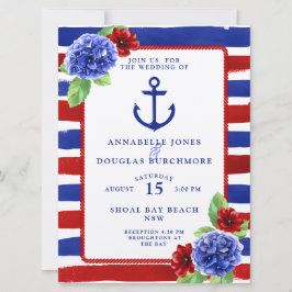 Nautical Wedding Blue Red Floral Watercolor Einladung