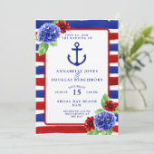 Nautical Wedding Blue Red Floral Watercolor Einladung (Stehend Vorderseite)