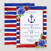 Nautical Wedding Blue Red Floral Watercolor Einladung (Vorne/Hinten)