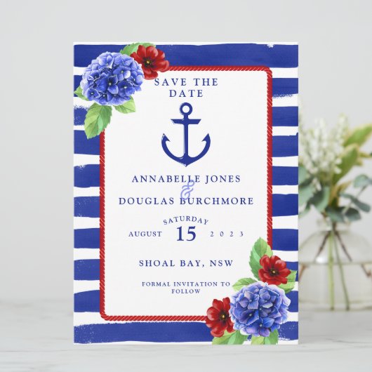 Nautical Wedding Blue Red Hydrangea Save the Date (Stehend Vorderseite)