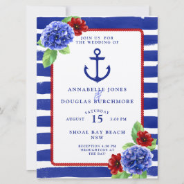 Nautical Wedding Blue Red Hydrangea Wasserfarbe Einladung