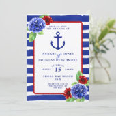 Nautical Wedding Blue Red Hydrangea Wasserfarbe Einladung (Stehend Vorderseite)