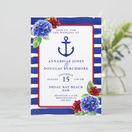 Nautical Wedding Blue Red Hydrangea Wasserfarbe Einladung (Stehend Vorderseite)