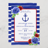 Nautical Wedding Blue Red Hydrangea Wasserfarbe Einladung (Vorne/Hinten)