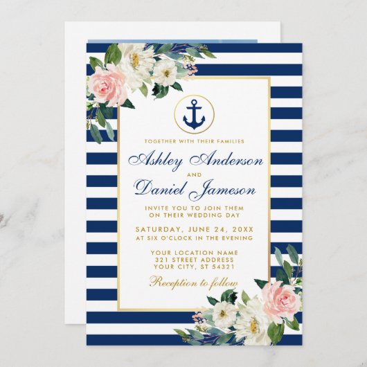Nautical Wedding Blue Stripes Blumenmuster Foto Einladung (Vorne/Hinten)