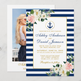 Nautical Wedding Blue Stripes Blumenmuster Foto Einladung
