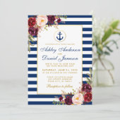 Nautical Wedding Blue Stripes Burgundy Einladung (Stehend Vorderseite)
