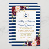 Nautical Wedding Blue Stripes Burgundy Einladung (Vorne/Hinten)