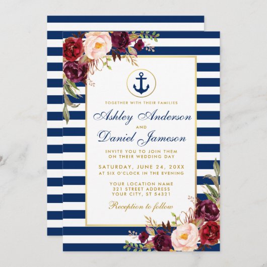 Nautical Wedding Blue Stripes Burgundy Einladung (Vorne/Hinten)