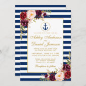 Nautical Wedding Blue Stripes Burgundy Invite G Einladung (Vorne/Hinten)