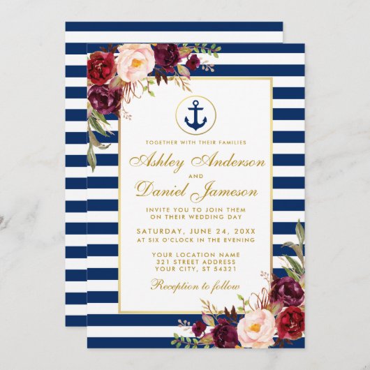 Nautical Wedding Blue Stripes Burgundy Invite G Einladung (Vorne/Hinten)