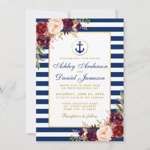 Nautical Wedding Blue Stripes Burgundy Invite W Einladung