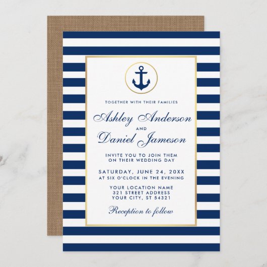 Nautical Wedding Blue Stripes Burlap Invite Einladung (Vorne/Hinten)