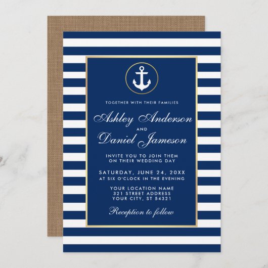 Nautical Wedding Blue Stripes Burlap Invite Einladung (Vorne/Hinten)
