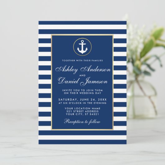 Nautical Wedding Blue Stripes Einladung (Stehend Vorderseite)