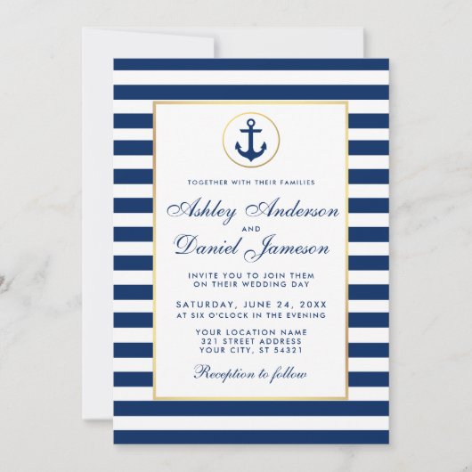 Nautical Wedding Blue Stripes Einladung (Vorderseite)