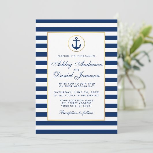 Nautical Wedding Blue Stripes Einladung (Stehend Vorderseite)