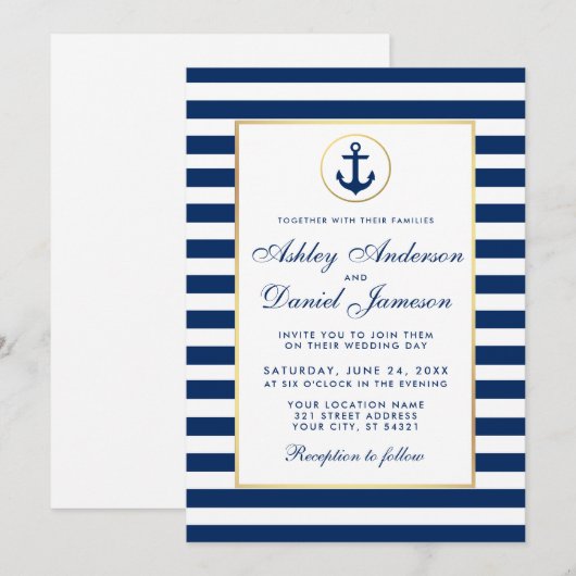 Nautical Wedding Blue Stripes Einladung W (Vorne/Hinten)